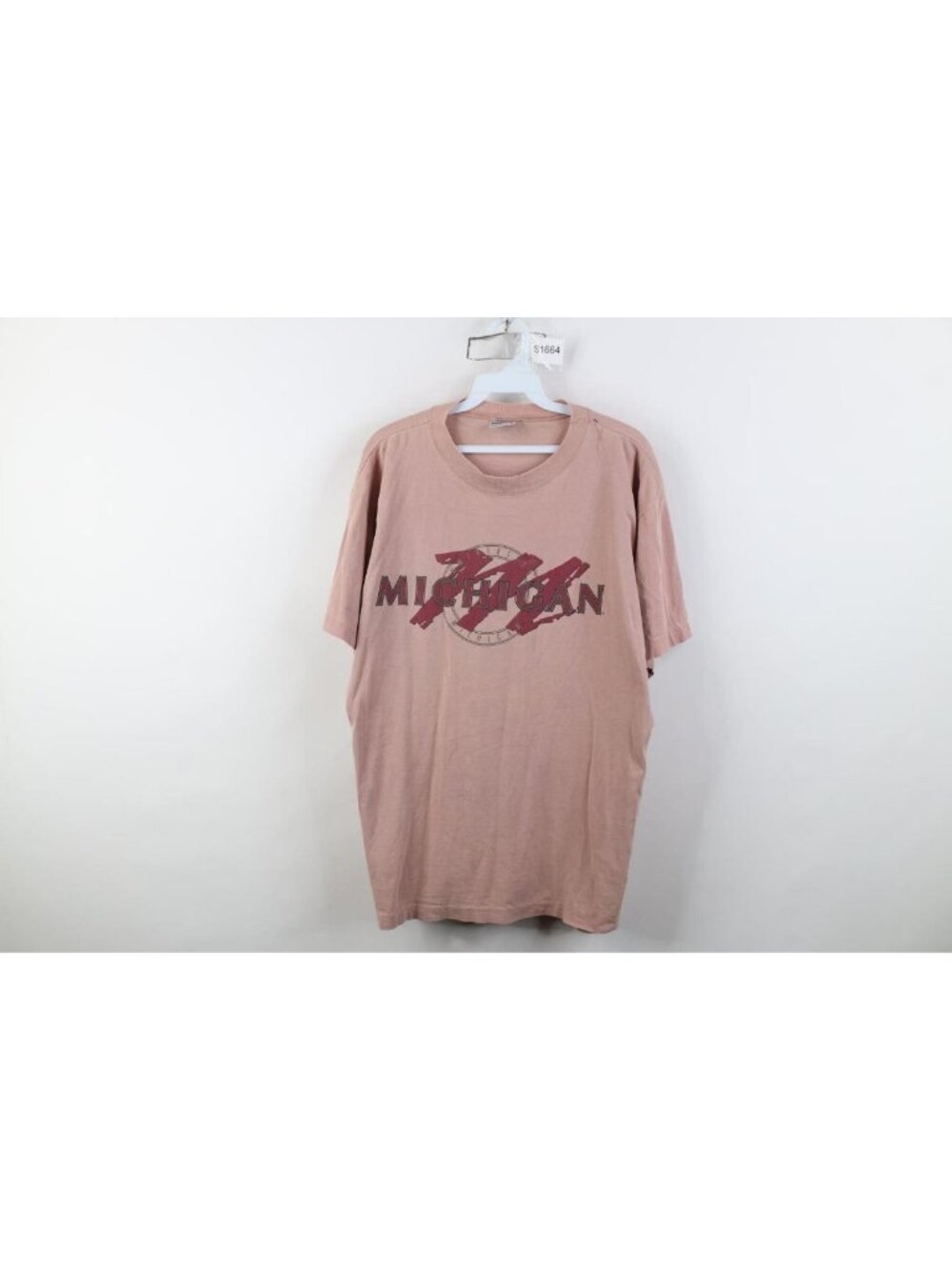 Vtg 90s Mens Medium Thrashed Spell Out University of Michigan T-Shirt Pink USA